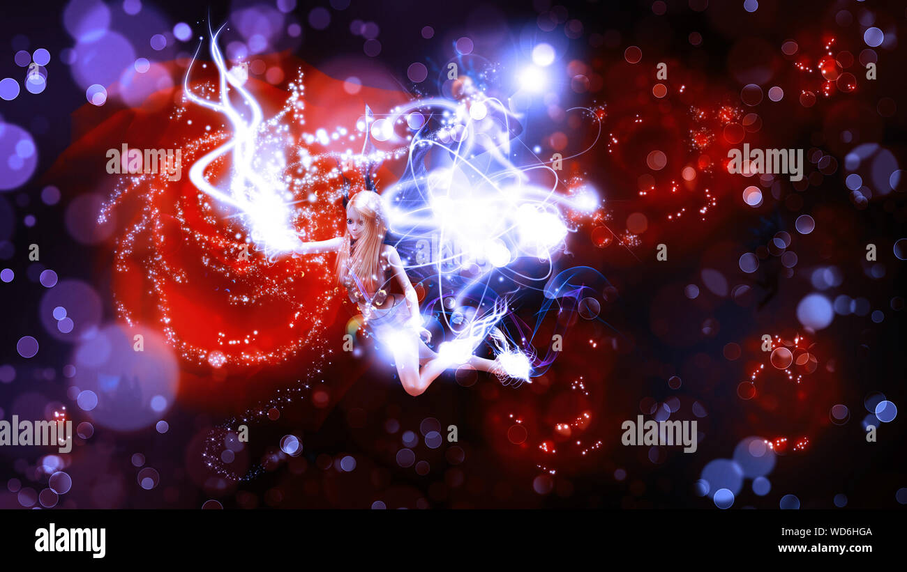 The night fairy flying to the red rose Stock Photo
