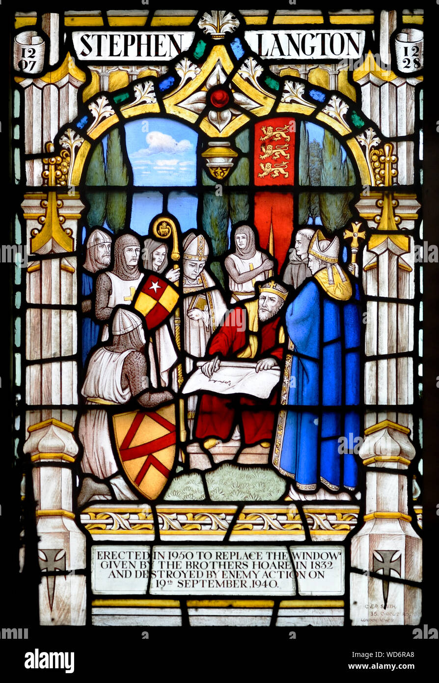 London, England, UK. Church of St Dunstan in the West, Fleet Street. Stained glass window: Stephen Langton (c1150 – 1228) Cardinal of the Roman Cathol Stock Photo