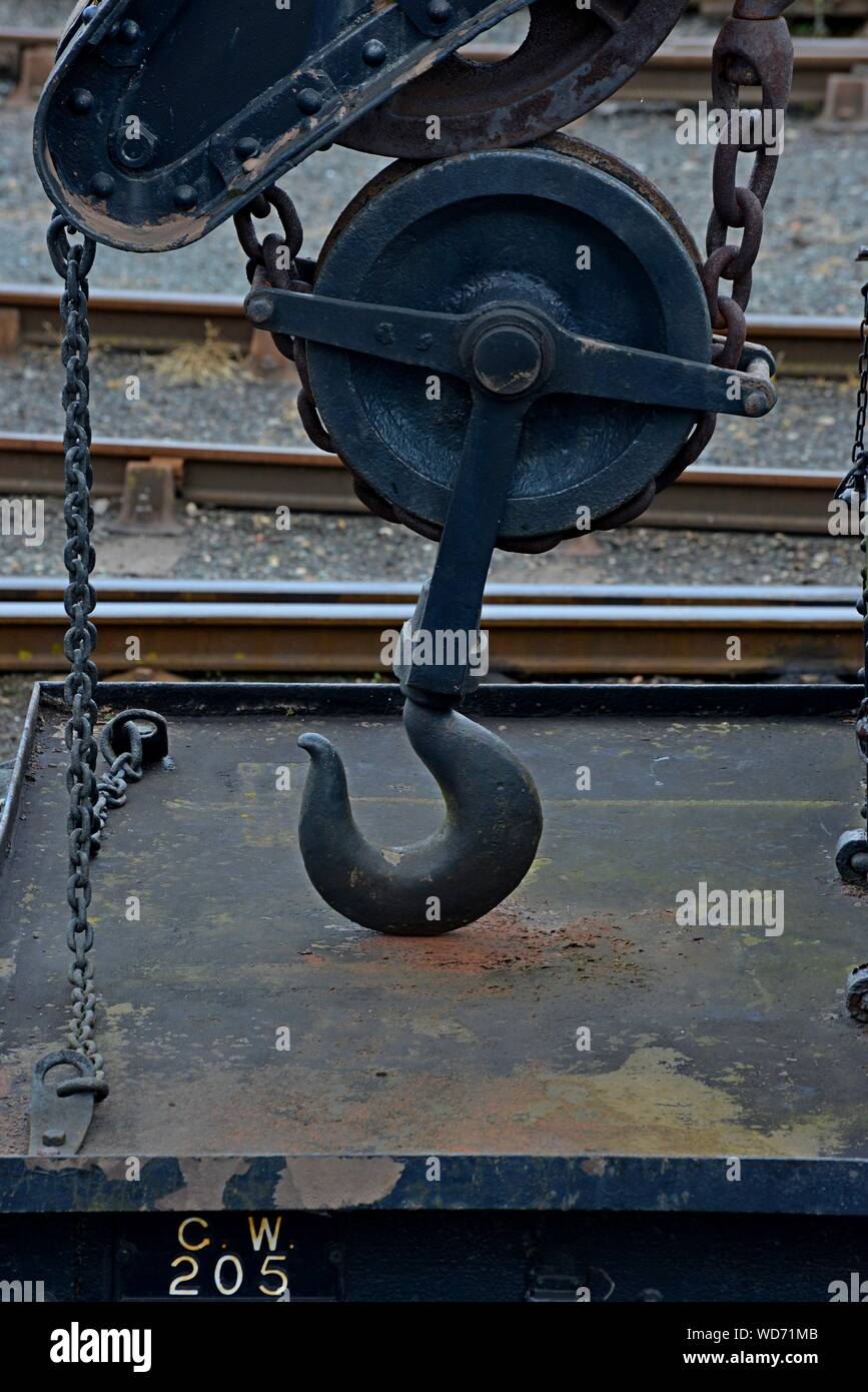 The lifting hook of a rail mounted crane at Didcot Railway Centre, Oxfordshire Stock Photo