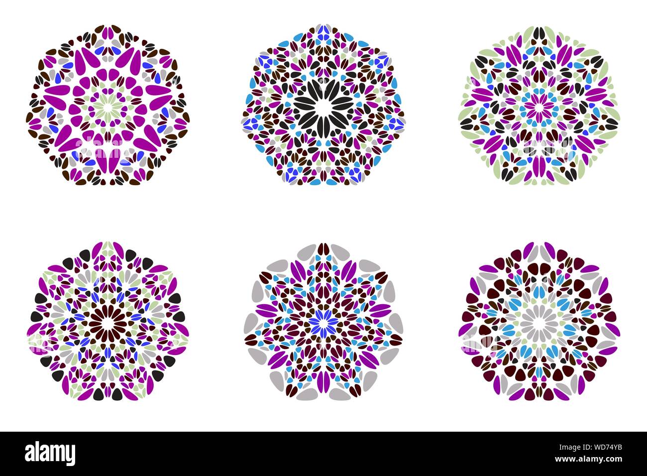 Geometrical floral mosaic ornament heptagon symbol template set - colorful ornamental abstract vector illustrations from geometric shapes Stock Vector