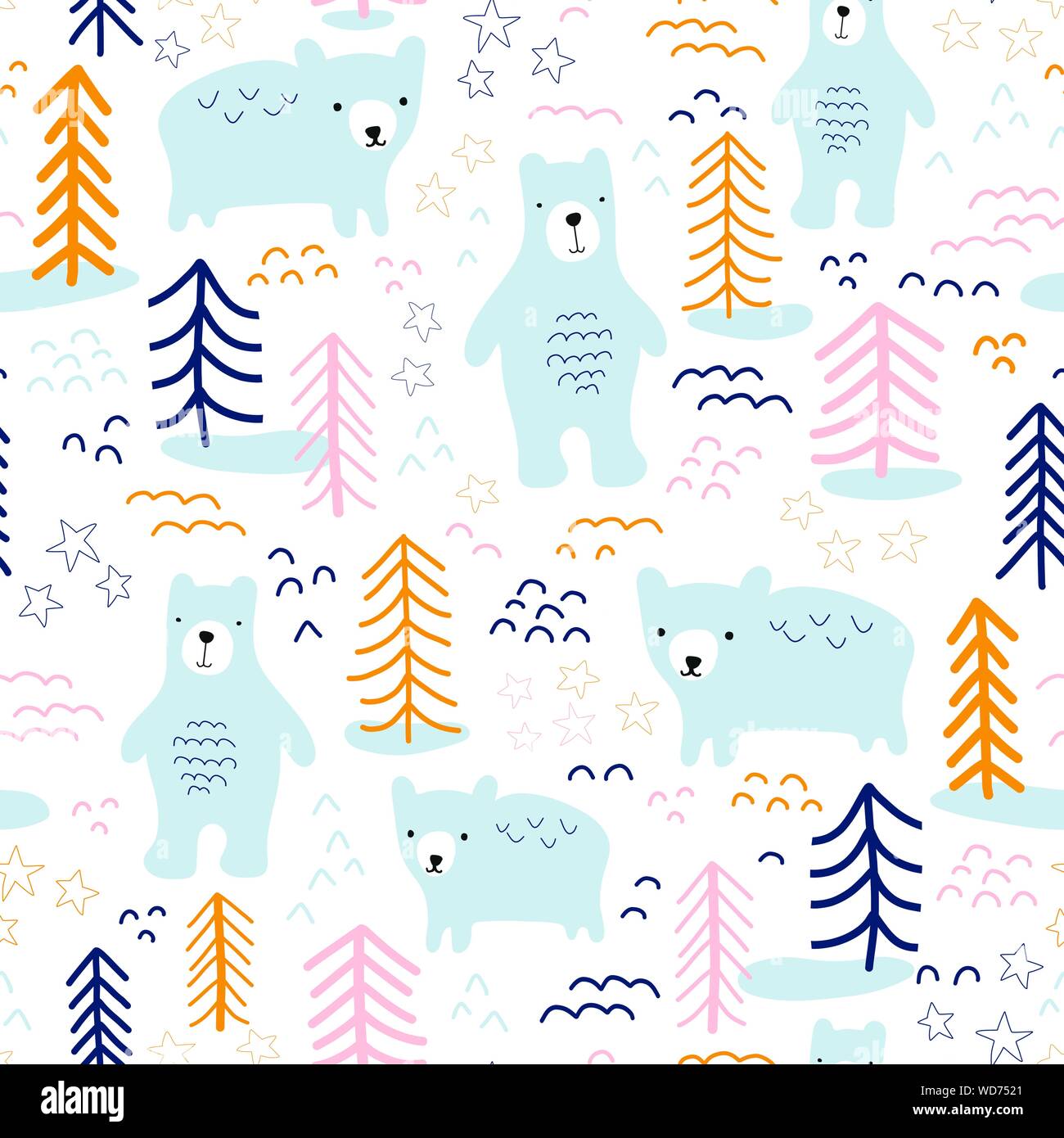 Seamless pattern bears in forest hand drawn vector illustration. Scandinavian style repeating animal nature background in blue, yellow, orange, pink Stock Vector