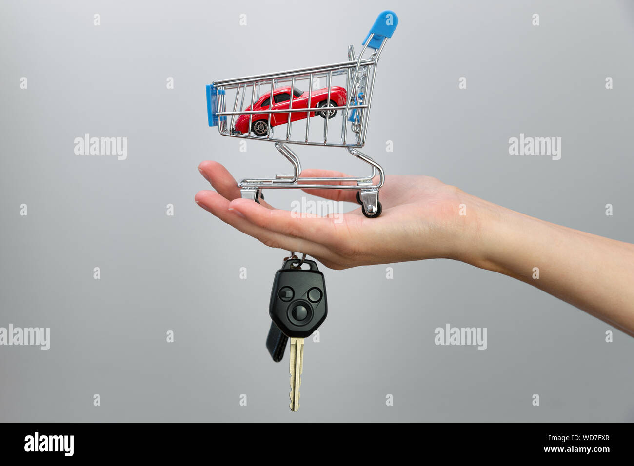 Car purchase concept. Red toy car and car keys in metal shopping cart Stock Photo