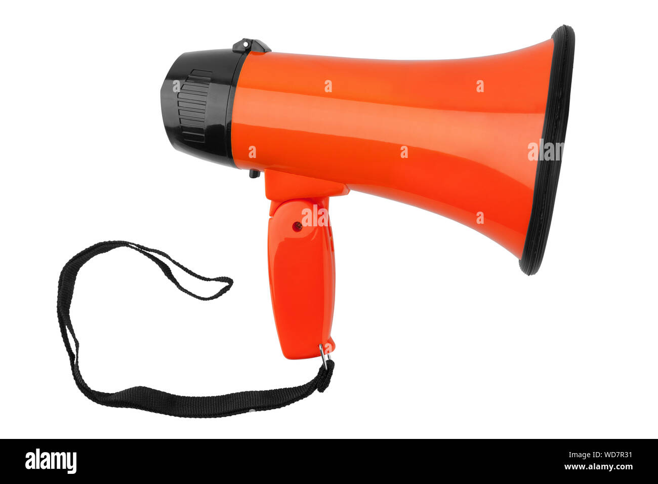 Orange megaphone on white background isolated close up, hand loudspeaker design, loud-hailer or speaking trumpet, announcement symbol, speaker voice Stock Photo