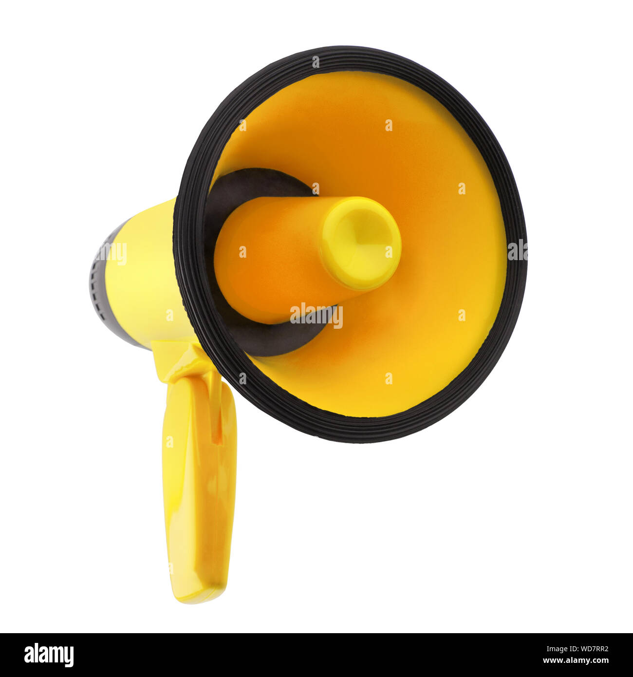 Yellow megaphone on white background isolated close-up, hand loudspeaker design, loud-hailer or speaking trumpet yellow press symbol gutter press sign Stock Photo