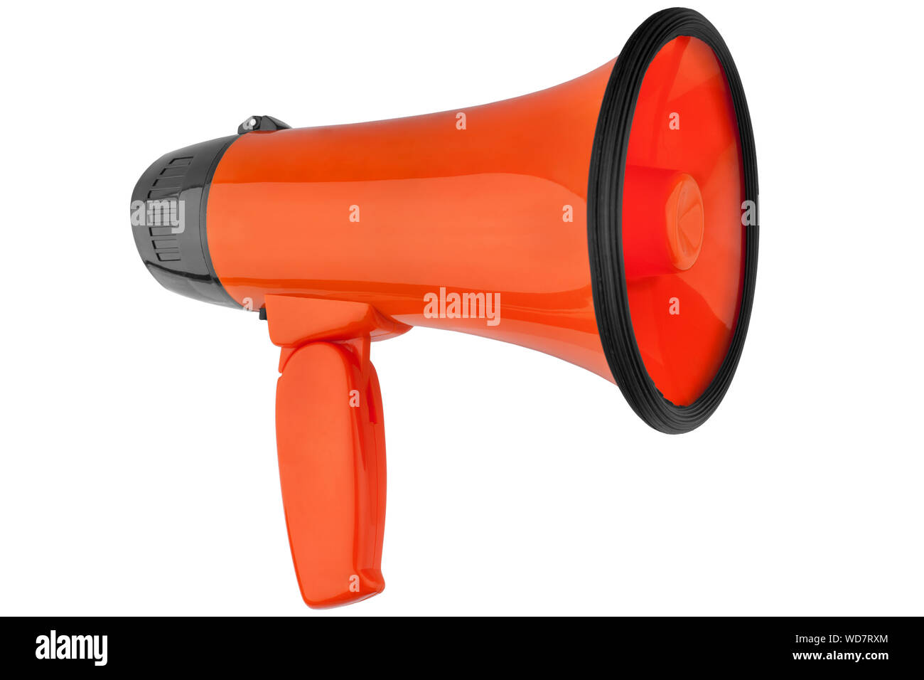 Orange megaphone on white background isolated close up, hand loudspeaker design, loud-hailer, speaking trumpet, announce symbol, communication sign Stock Photo