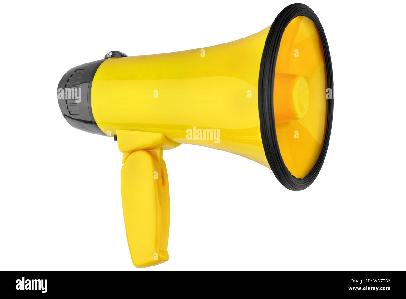 Yellow megaphone on white background isolated close up, hand loudspeaker design, loud-hailer or speaking trumpet, yellow press symbol Stock Photo