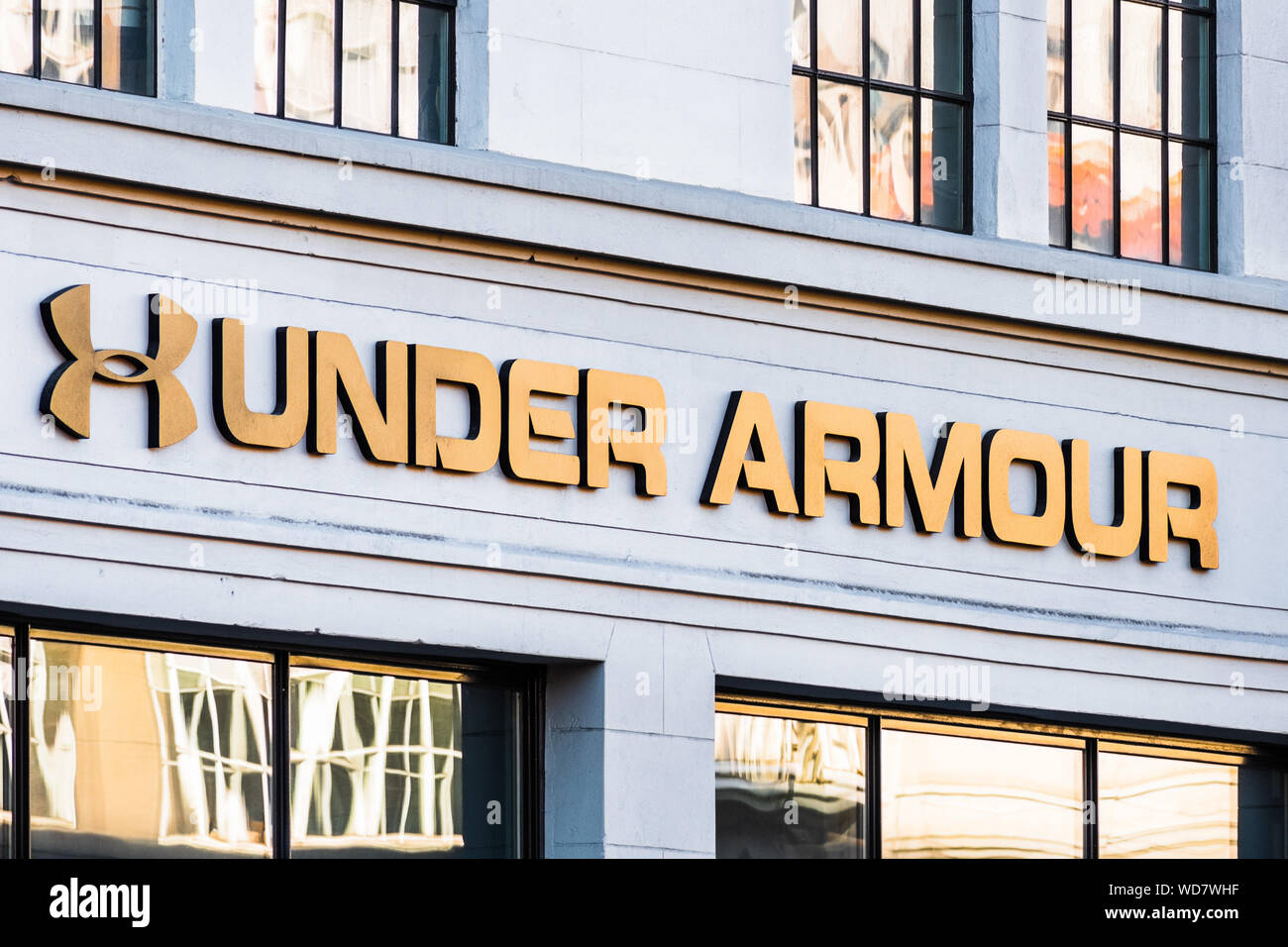 August 21, 2019 San Francisco / CA / USA - Under Armour sign at their headquarters in San Francisco; Under Armour, Inc. is an American company that ma Stock Photo