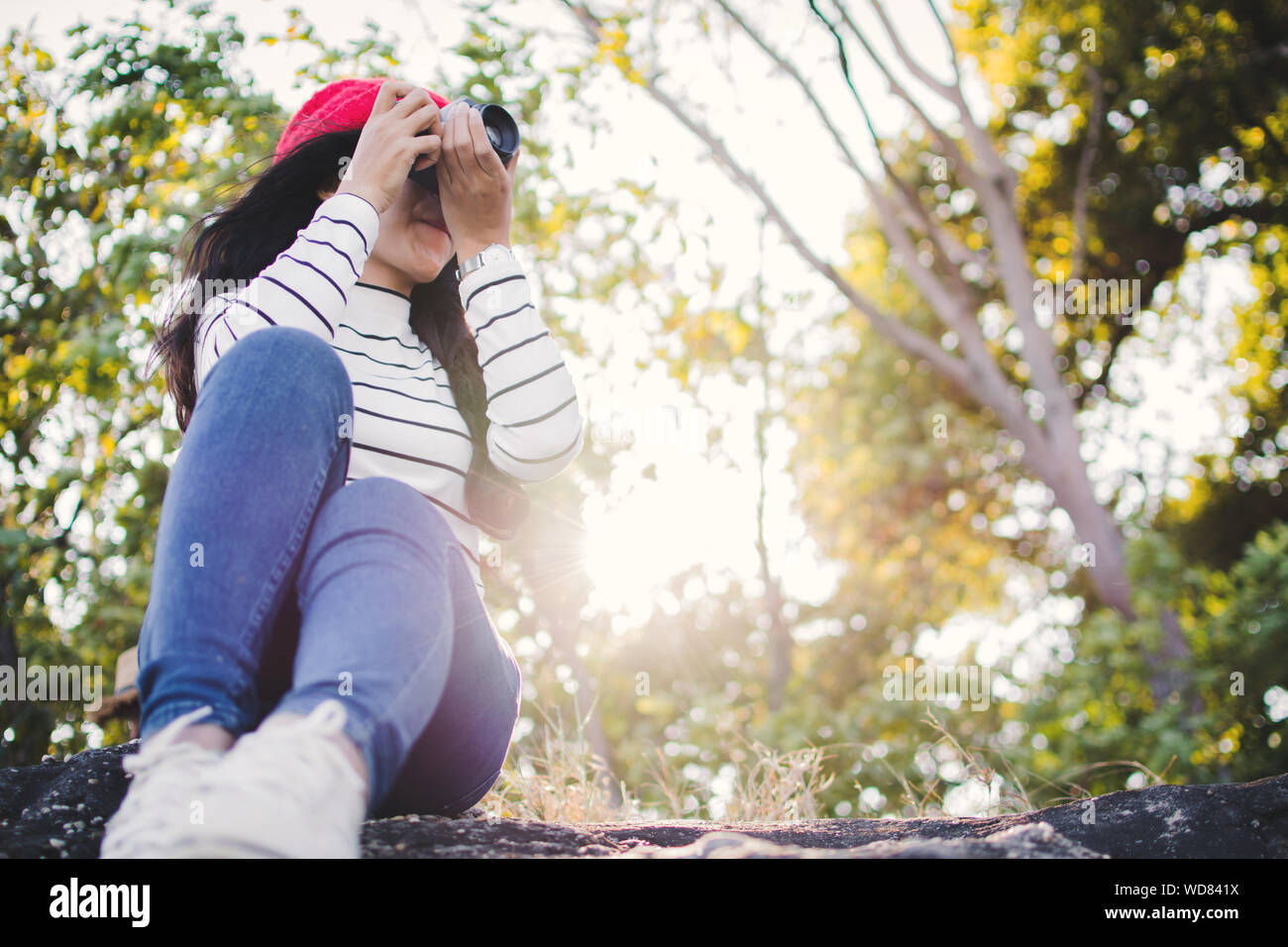 Woman Photographing While Sitting On Rock Against Trees Stock Photo