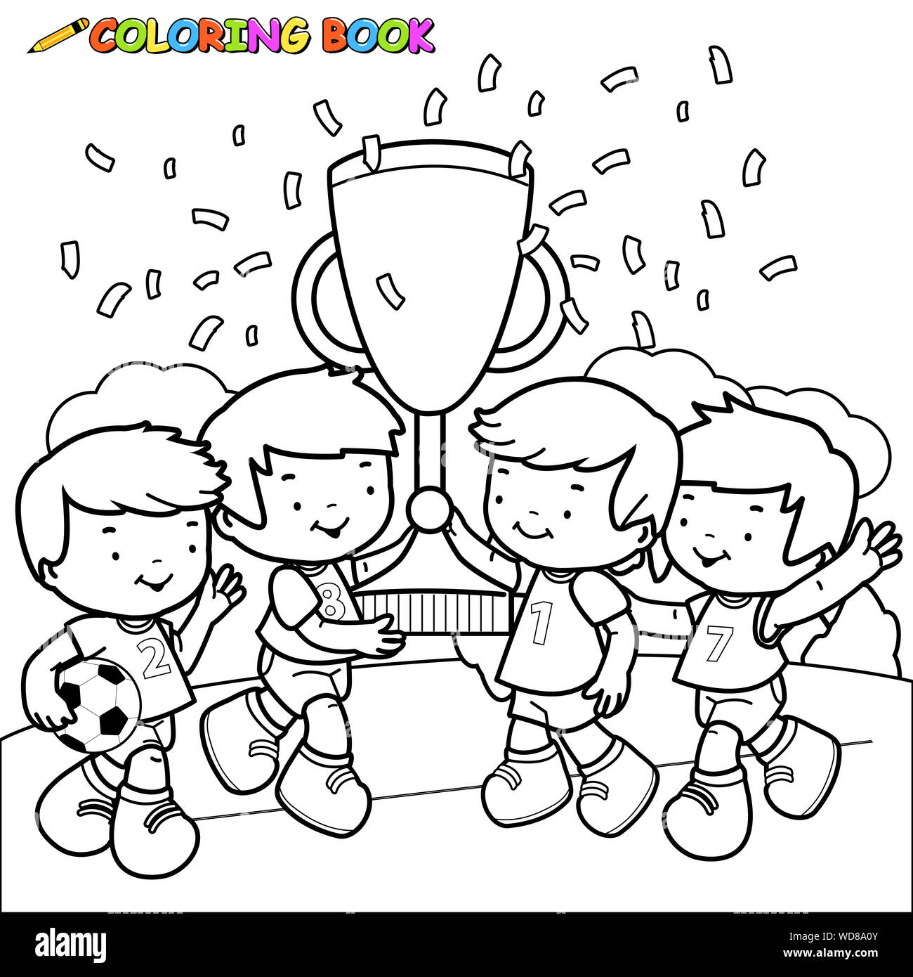 Illustration of little soccer player winner boys cheering and holding the trophy at the football field. Stock Photo