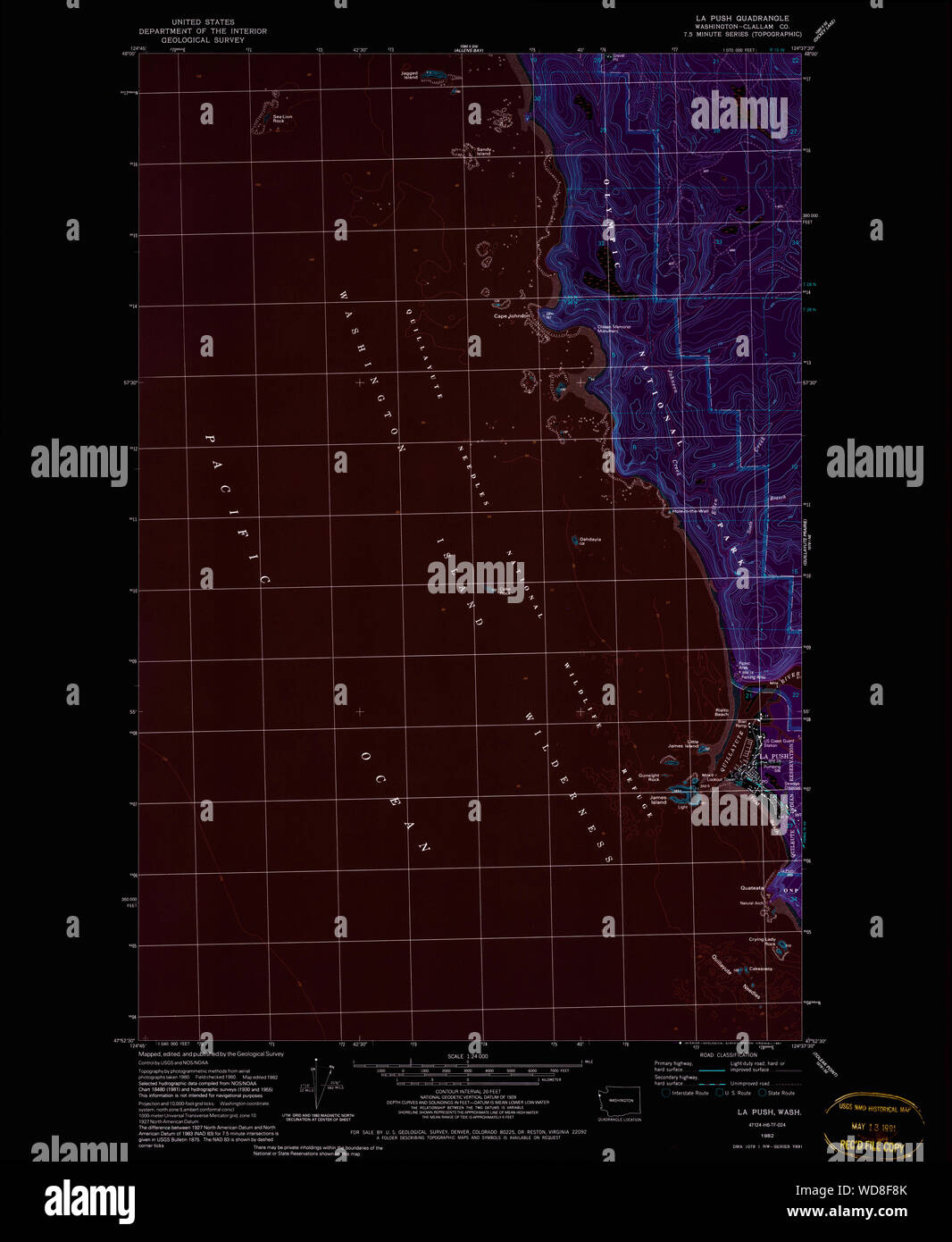 USGS Topo Map Washington State WA La Push 241834 1982 24000 Inverted Restoration Stock Photo