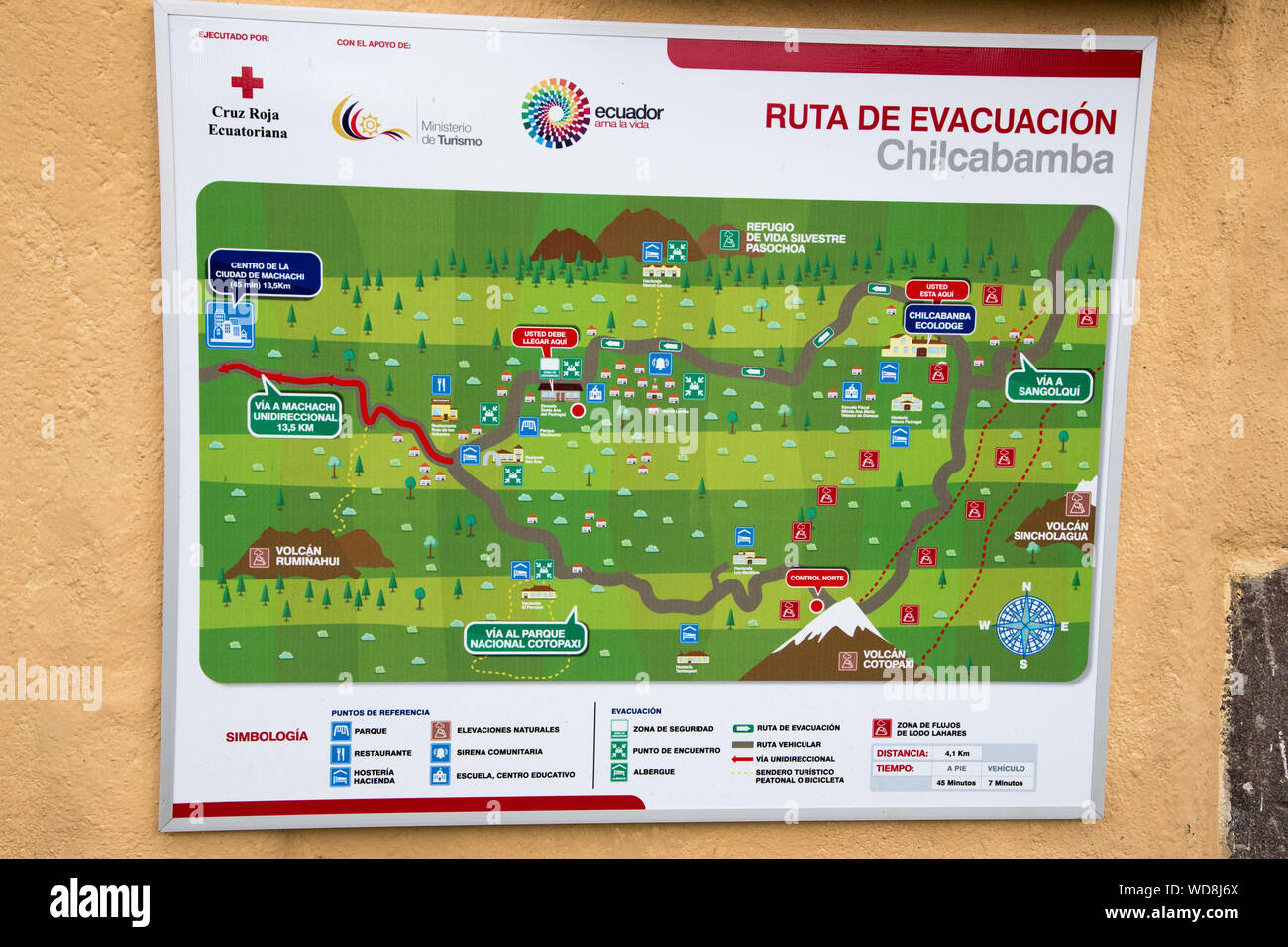 evacuation map at Chilcabamba Lodge in the Cotopaxi National Park at 3500 meter in the Andes of Ecuador.  Evakuationsplan für die Chilcabamba Lodge au Stock Photo