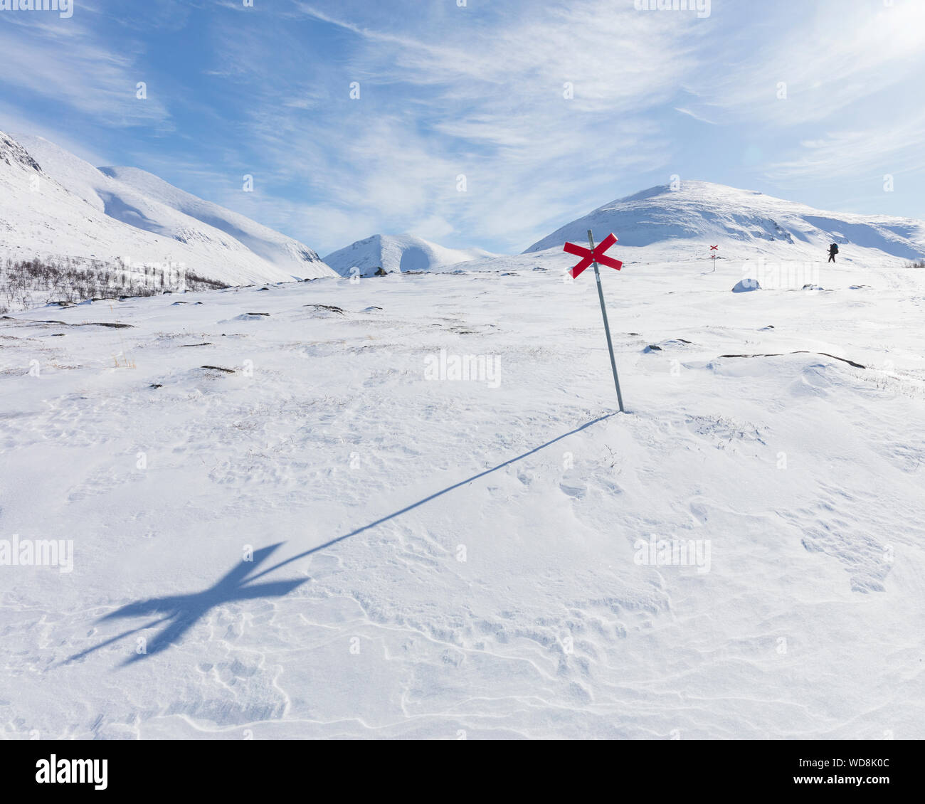 Markers in snow of Kungsleden trail in Lapland, Sweden Stock Photo