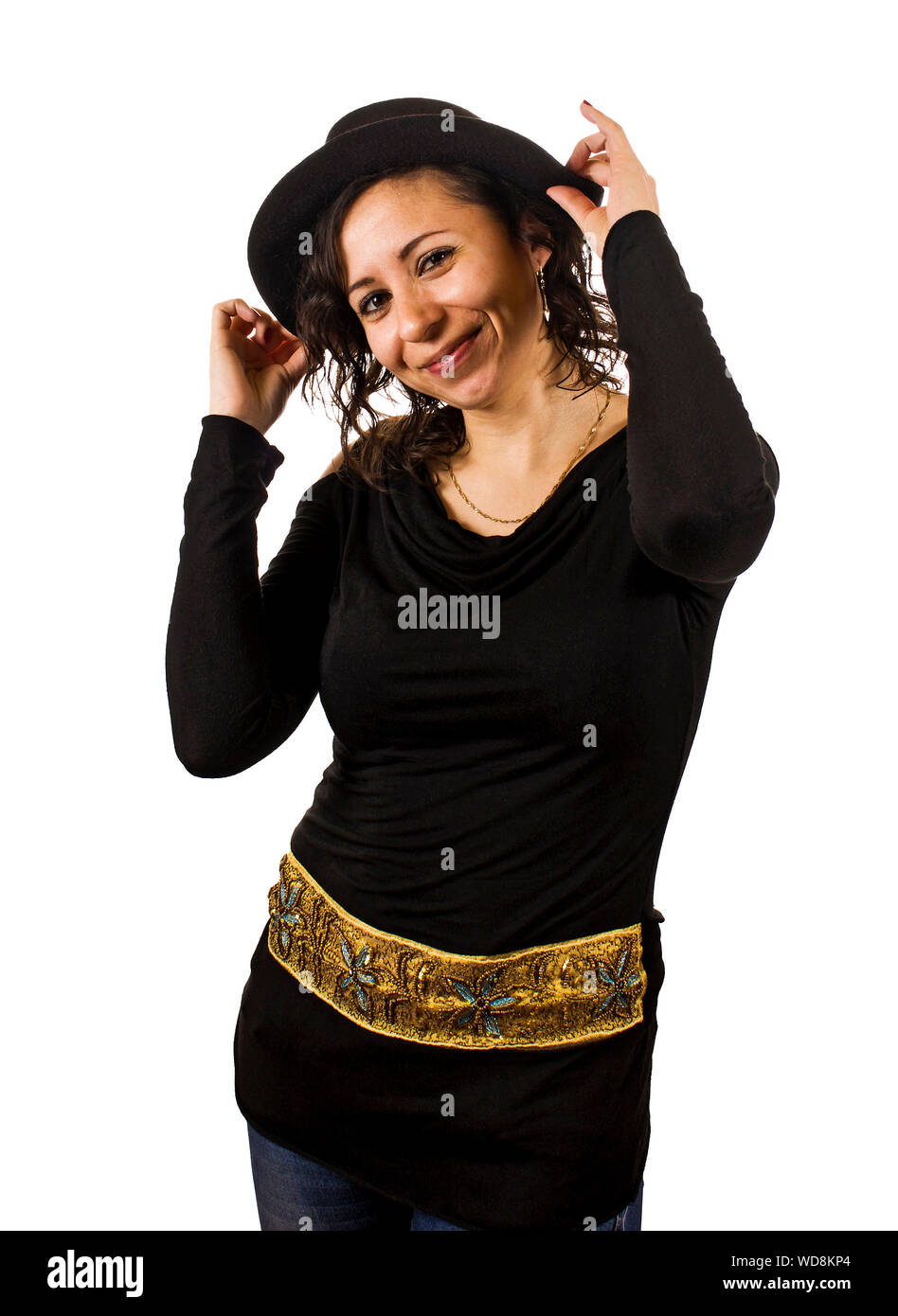 Portrait Of Salsa Dancer Wearing Hat Against White Background Stock Photo Alamy