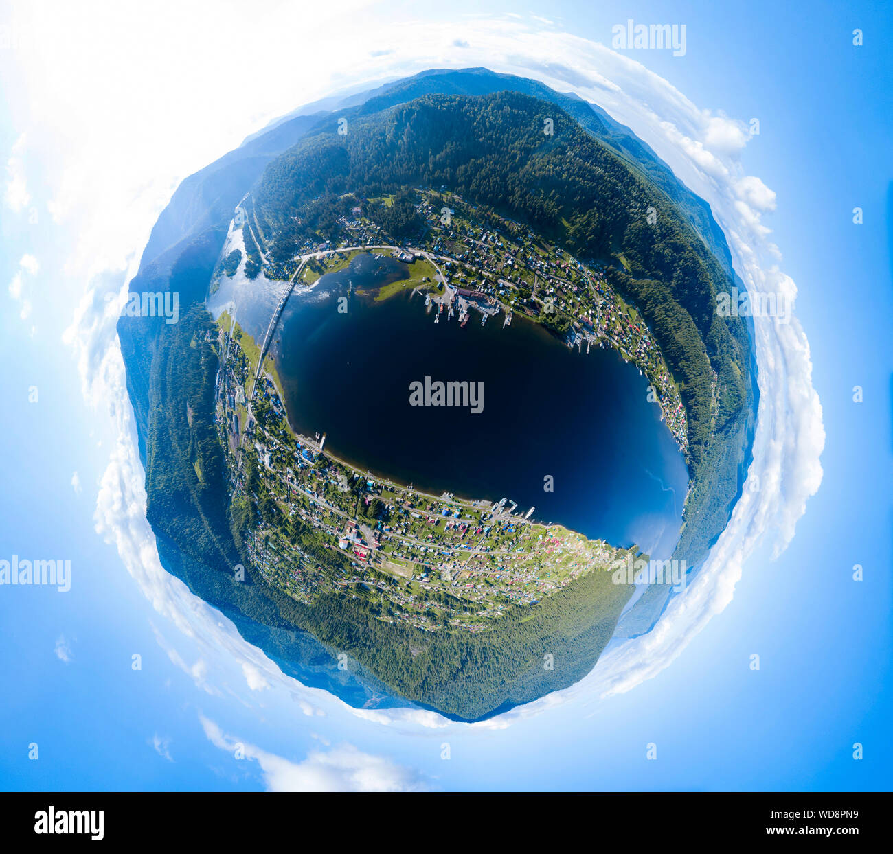 360 degree panoramic aerial drone view of planet the form of a ball the image of nature and picturesque landscapes near a mountain with Stock Photo - Alamy