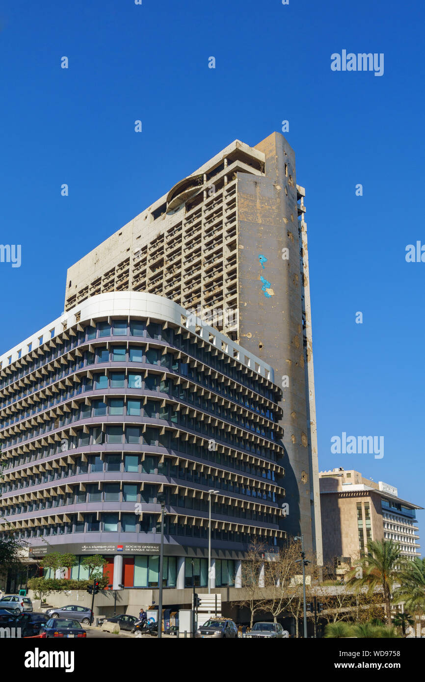 Beirut, Lebanon - Lebanese Civil War shell and bullet damage to Holiday Inn Hotel. 3 february 2018 Stock Photo