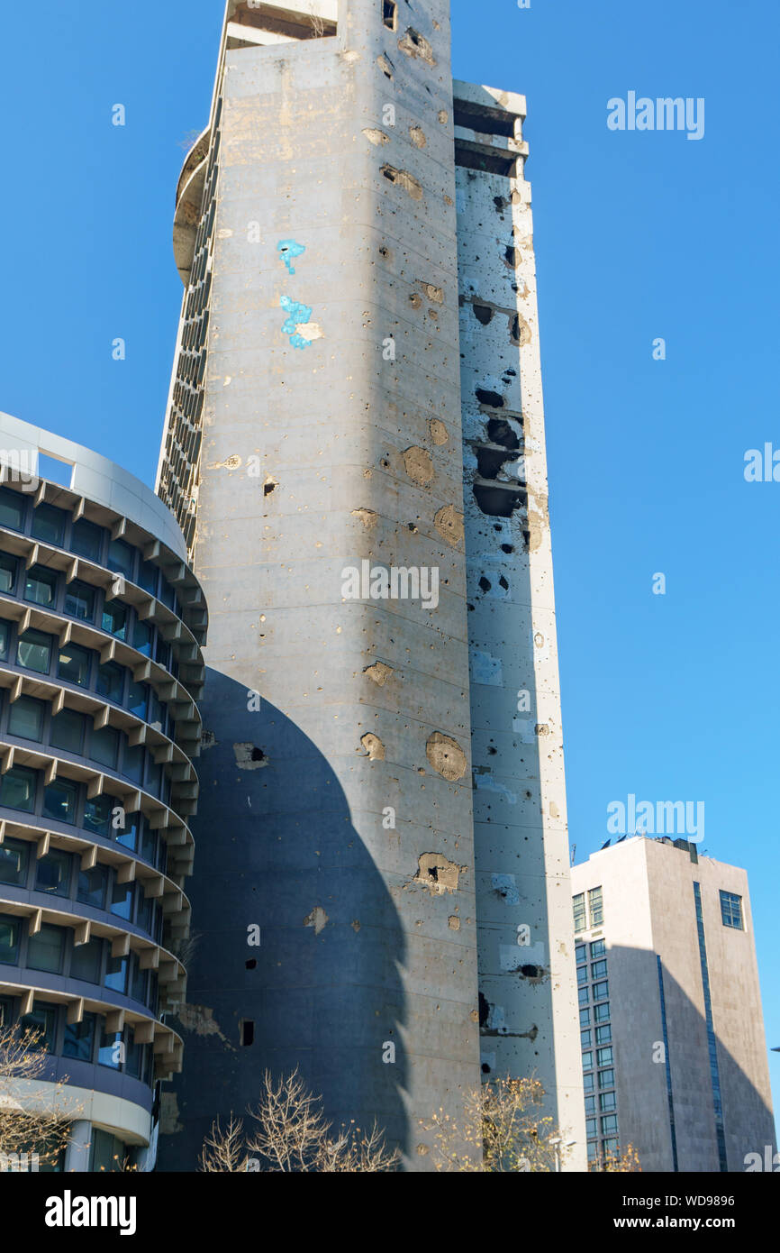 Beirut, Lebanon - Lebanese Civil War shell and bullet damage to Holiday Inn Hotel. 3 february 2018 Stock Photo
