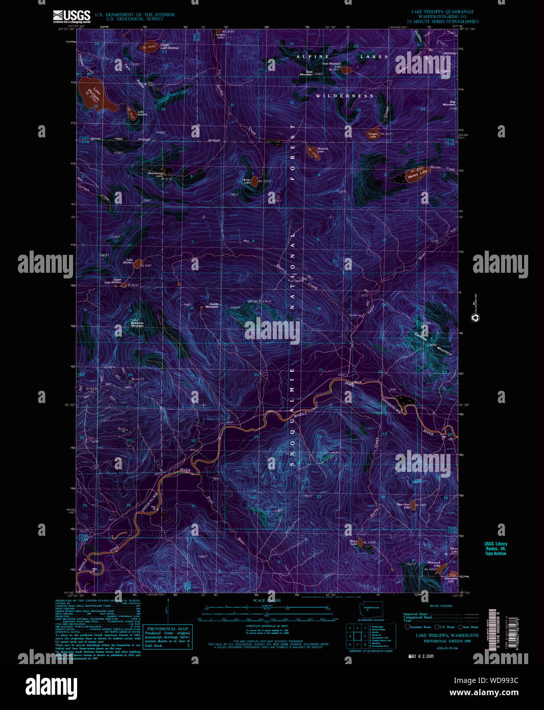 USGS Topo Map Washington State WA Lake Philippa 241883 1989 24000 Inverted Restoration Stock Photo