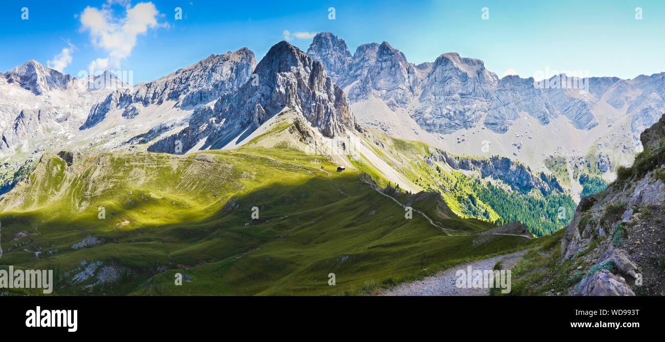 Wonderful view of the Dolomites on Val di Fassa - On background the view of San Nicolò refuge in Contrin valley (Italy) Stock Photo