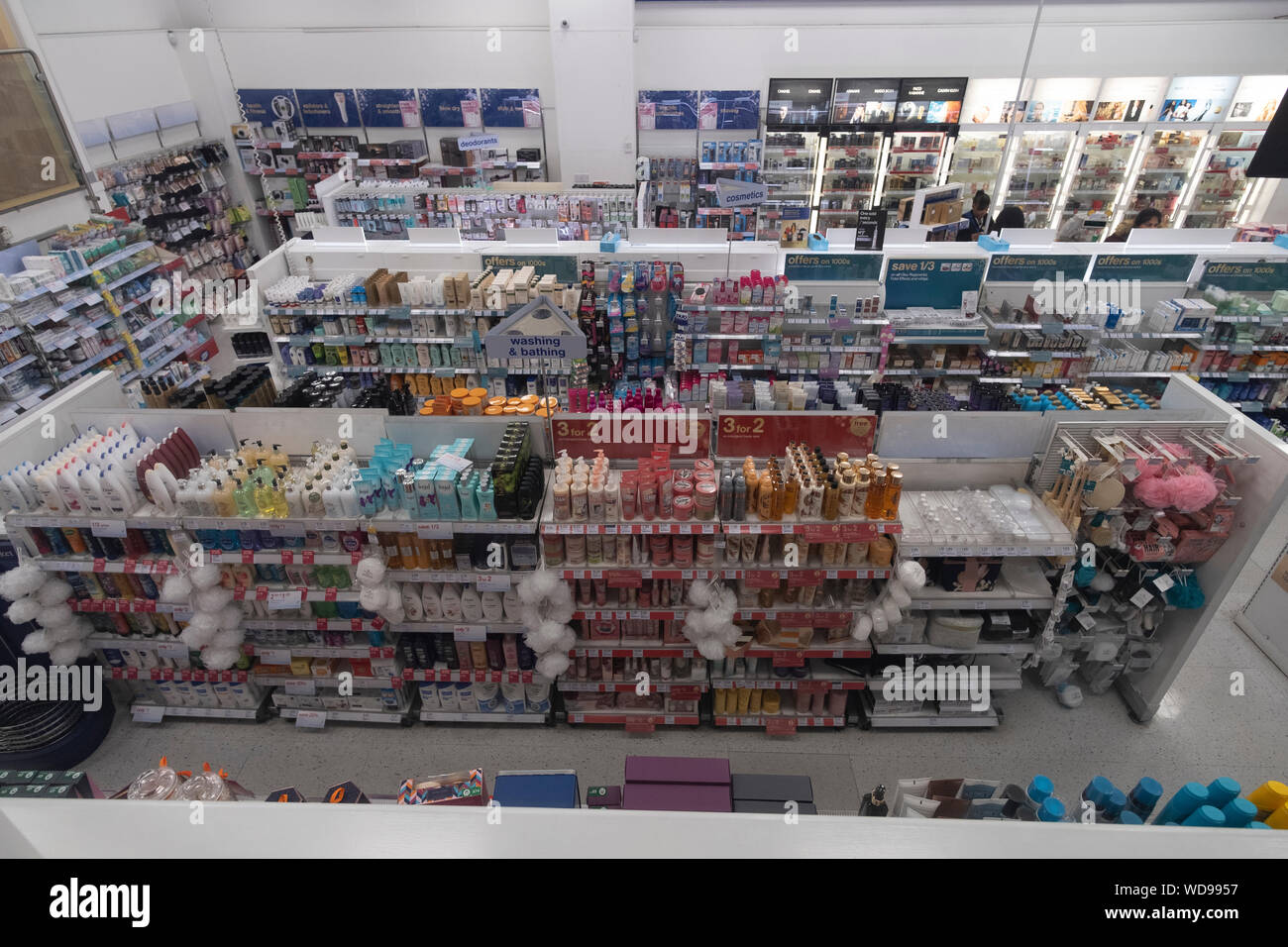 Elevated view of interior of Boots  retail drugstore, London, UK Stock Photo