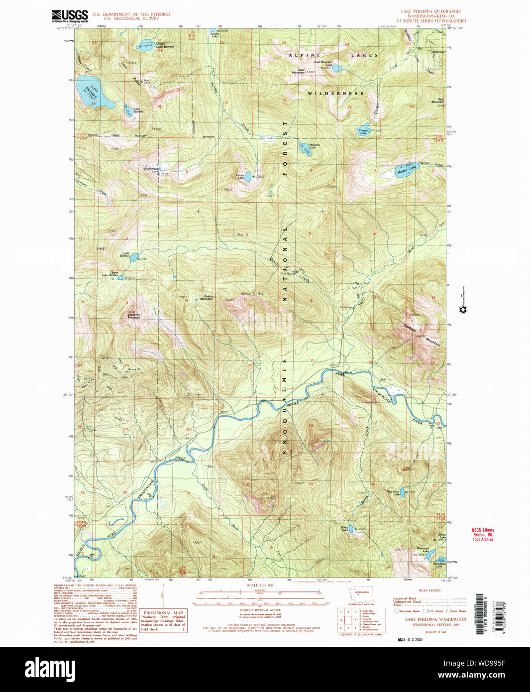 USGS Topo Map Washington State WA Lake Philippa 241883 1989 24000 Restoration Stock Photo