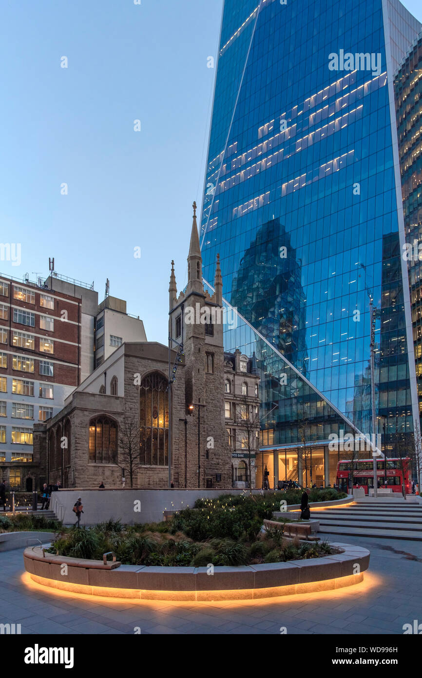 England, City of London, St Andrew Undershaft Church- historic Church amid modern offices.15th-century church that survived 1666's Fire of London and Stock Photo