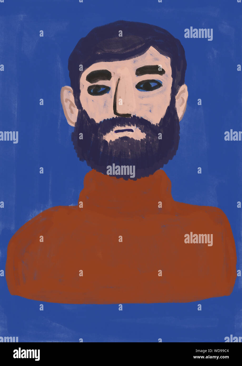 creepy bearded man hand drawn digital illustration Stock Photo