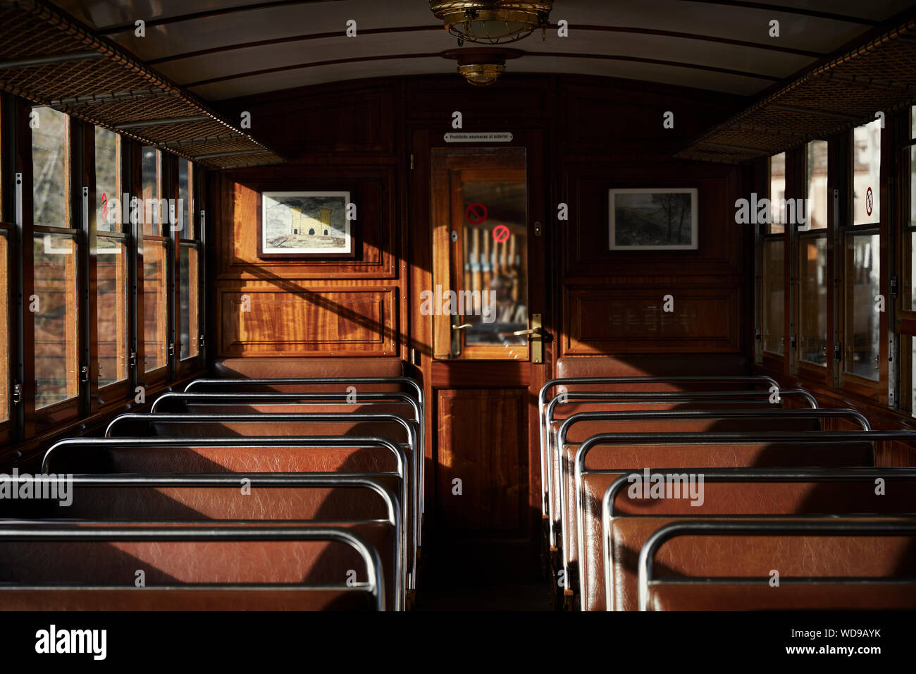 Interior of old fashioned Tren Soller train carriage Stock Photo