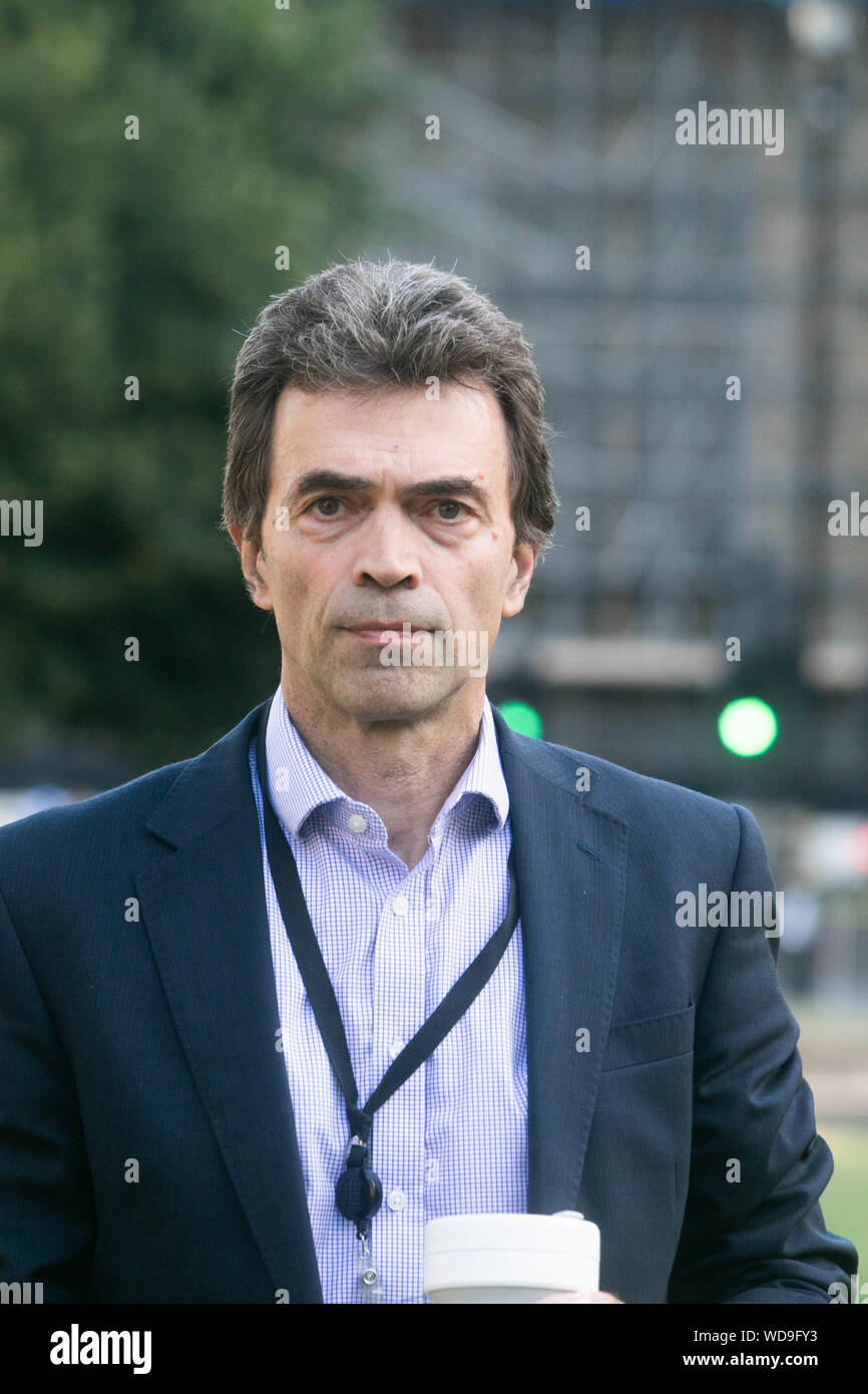 London, UK. 29th August 2019. Tom Brake, Liberal Democrat MP for Carshalton  and Wallington who is Pro Remain gives a media interview at College Green a  day after Prime Minister Boris Johnson