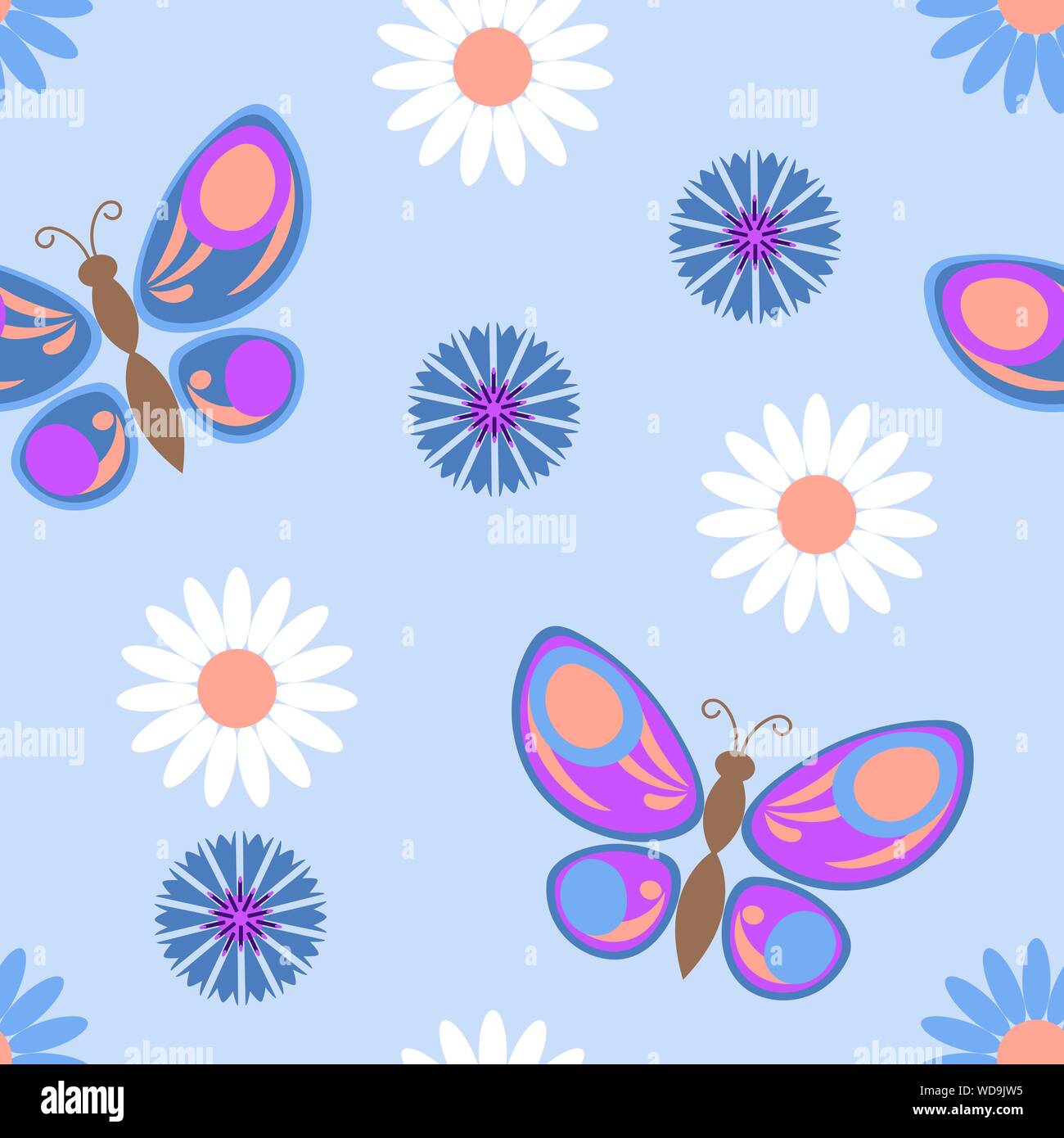 Seamless pattern with butterflies among daisies and cornflowers. Vector ...