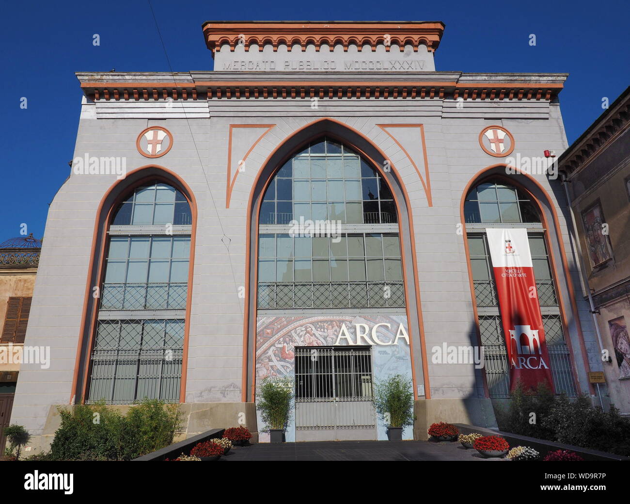 Vercelli, Italy, 15 August 2019: Facade municipal market in the middle of Vercelli city, Piedmont, Italy. Stock Photo