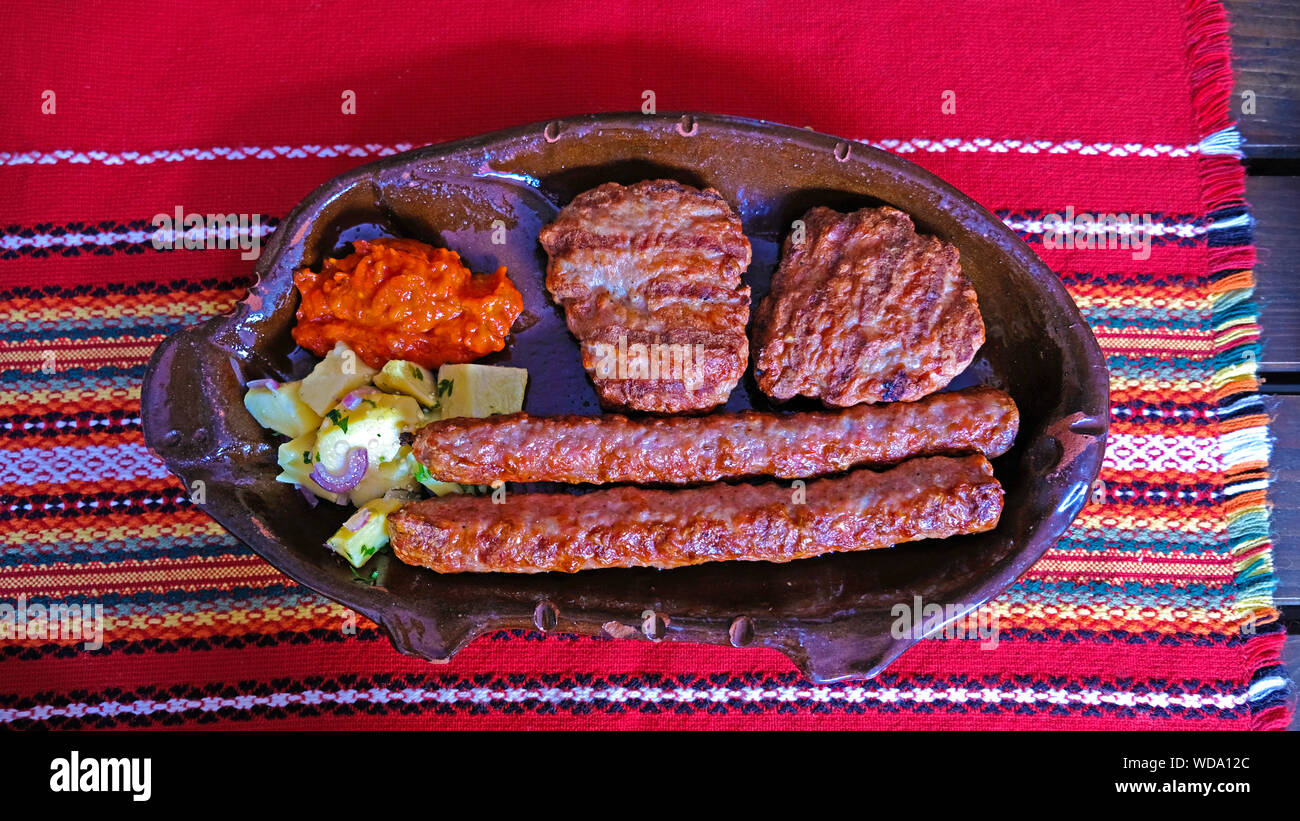 Bulgarian traditional mixed grill with meatball and kebapche Stock Photo