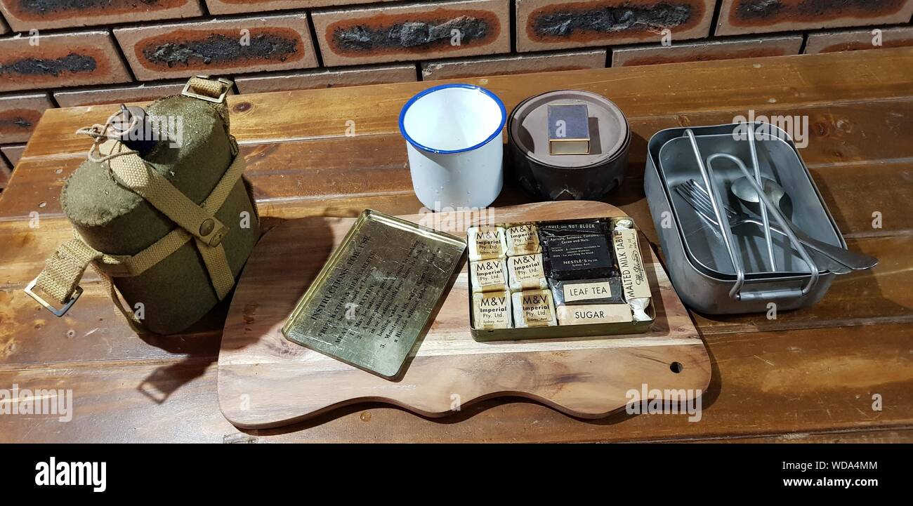 Edible Reproduction WWII Australian Dehydrated Emergency Ration and equipment to prepare it. Stock Photo