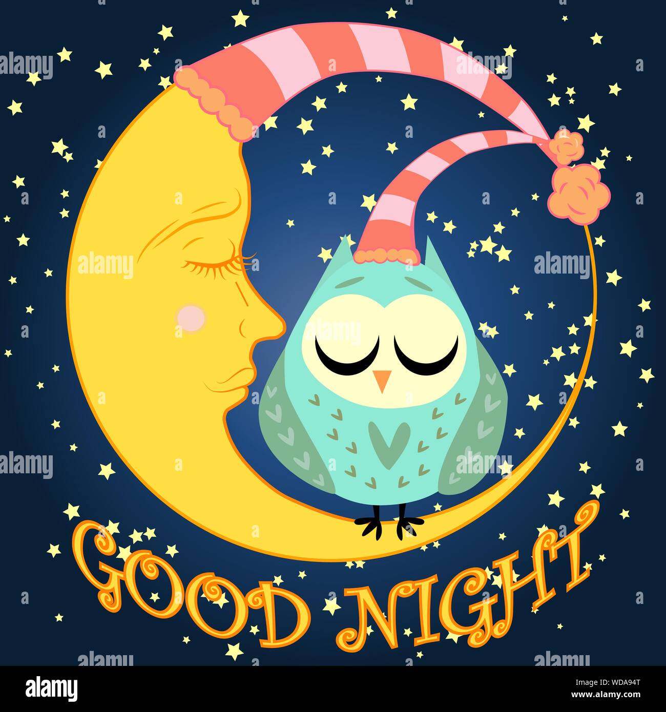 Good night. Postcard with a dormant crescent, a cute cartoon owl and text  Stock Vector Image & Art - Alamy