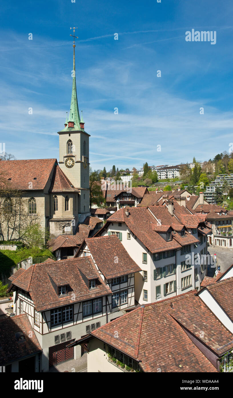View over Old Town roof tops toward Nydeggkirche church. Bern, Switzerland Stock Photo