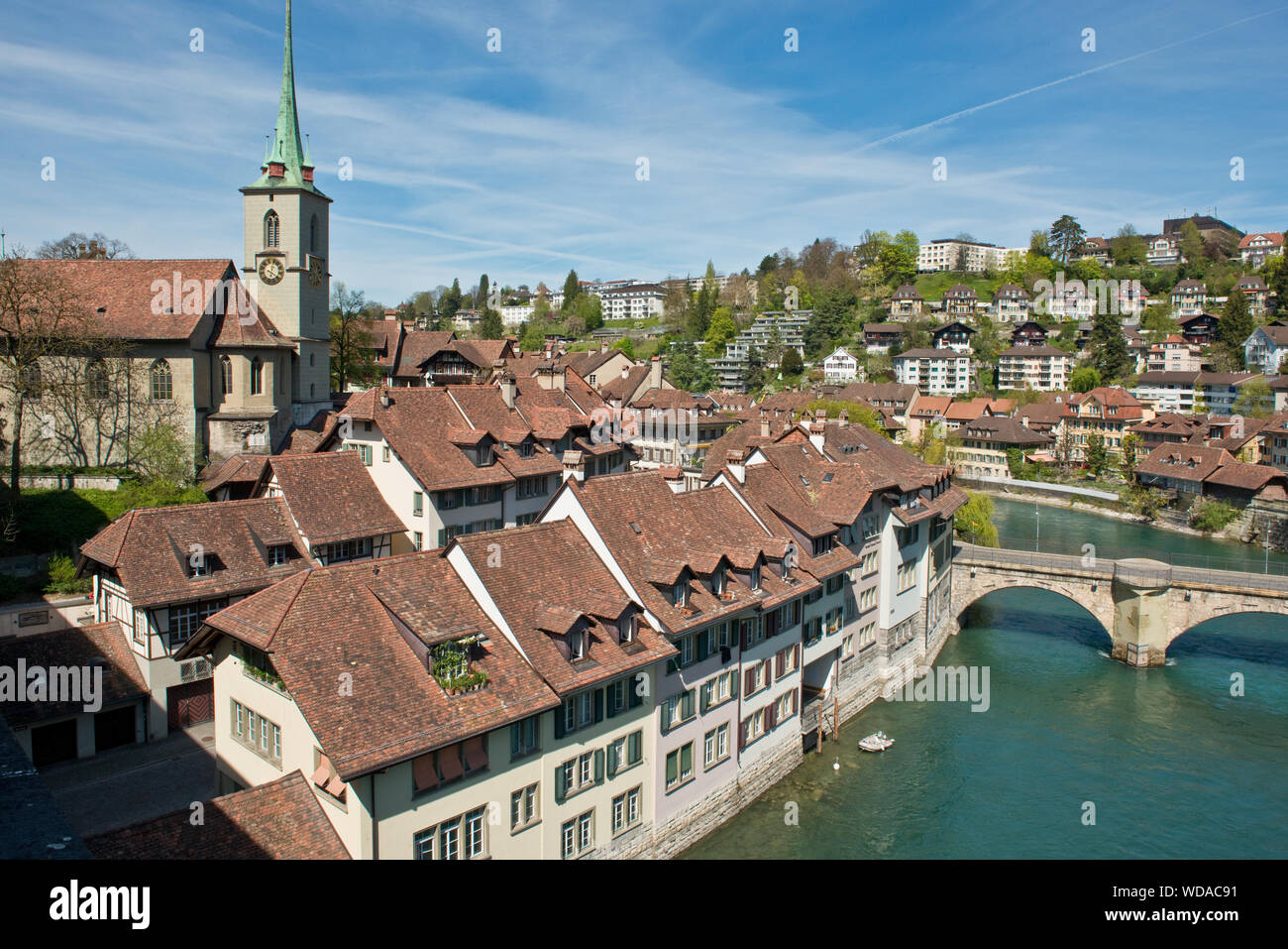View along River Aare toward the old Untertobrucke Bridge. Bern, Switzerland Stock Photo