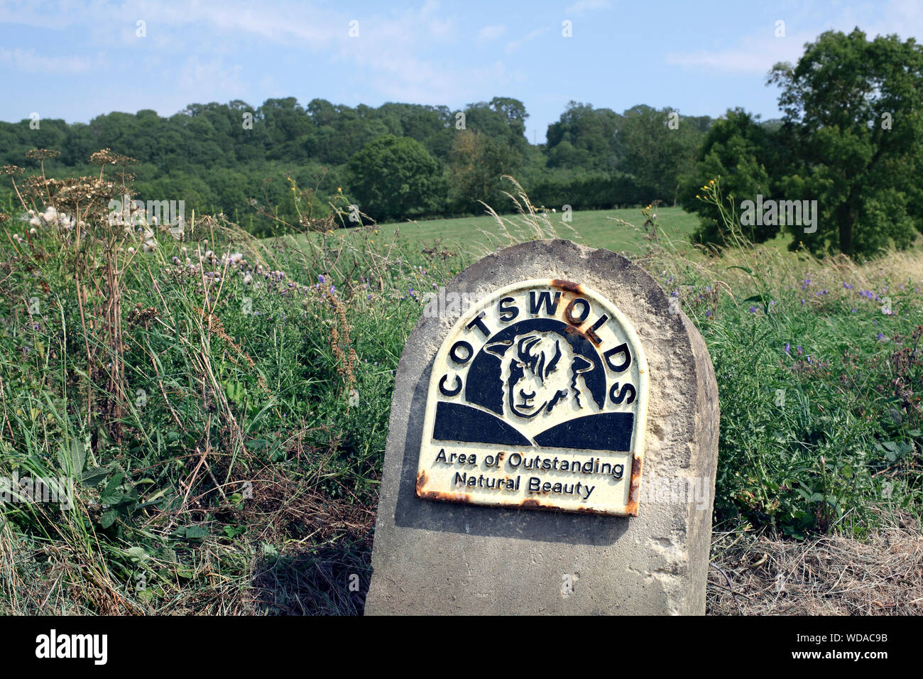 Sign denoting the boundary of the Cotswolds Area of Outstanding Natural Beauty, near Edge Hill, Warwickshire. Stock Photo