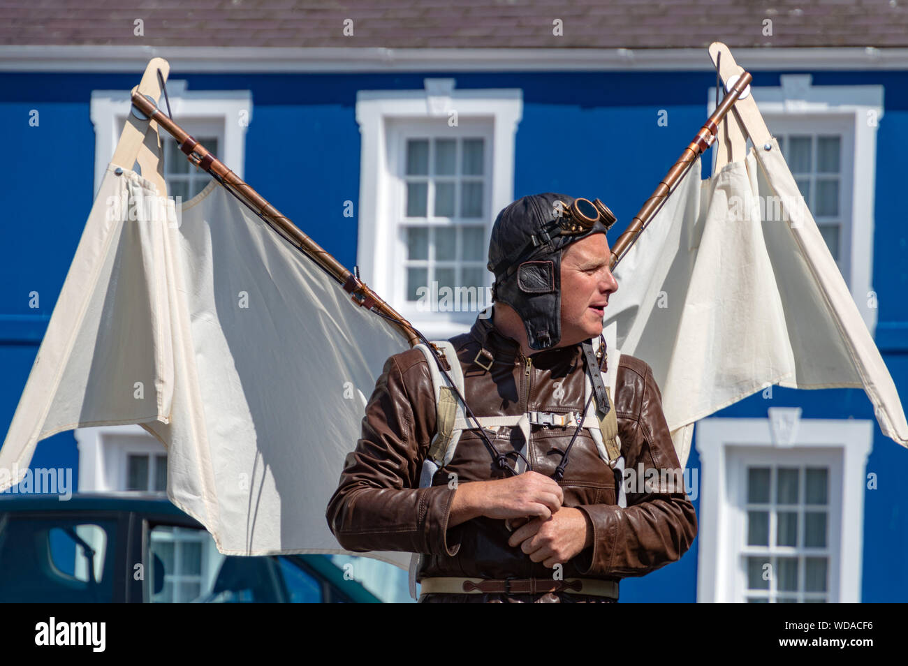 Steampunk birdman at the Aberaeron Carnival 2019, Ceredigion, Wales Stock Photo