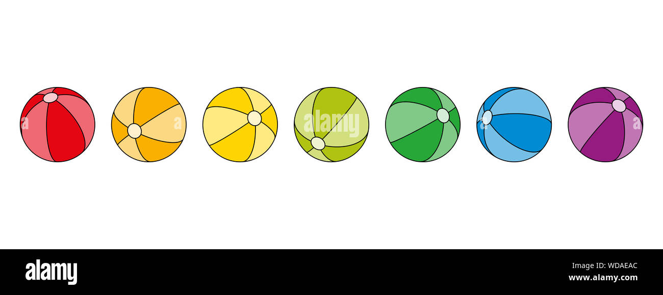 Seven rainbow colored balls in a row. Beach ball shaped spheres in the colors of a spectrum with stripes and black outlines. Isolated illustration. Stock Photo