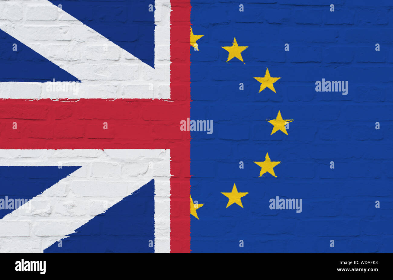Close-up Of British And European Union Flag On Brick Wall Stock Photo