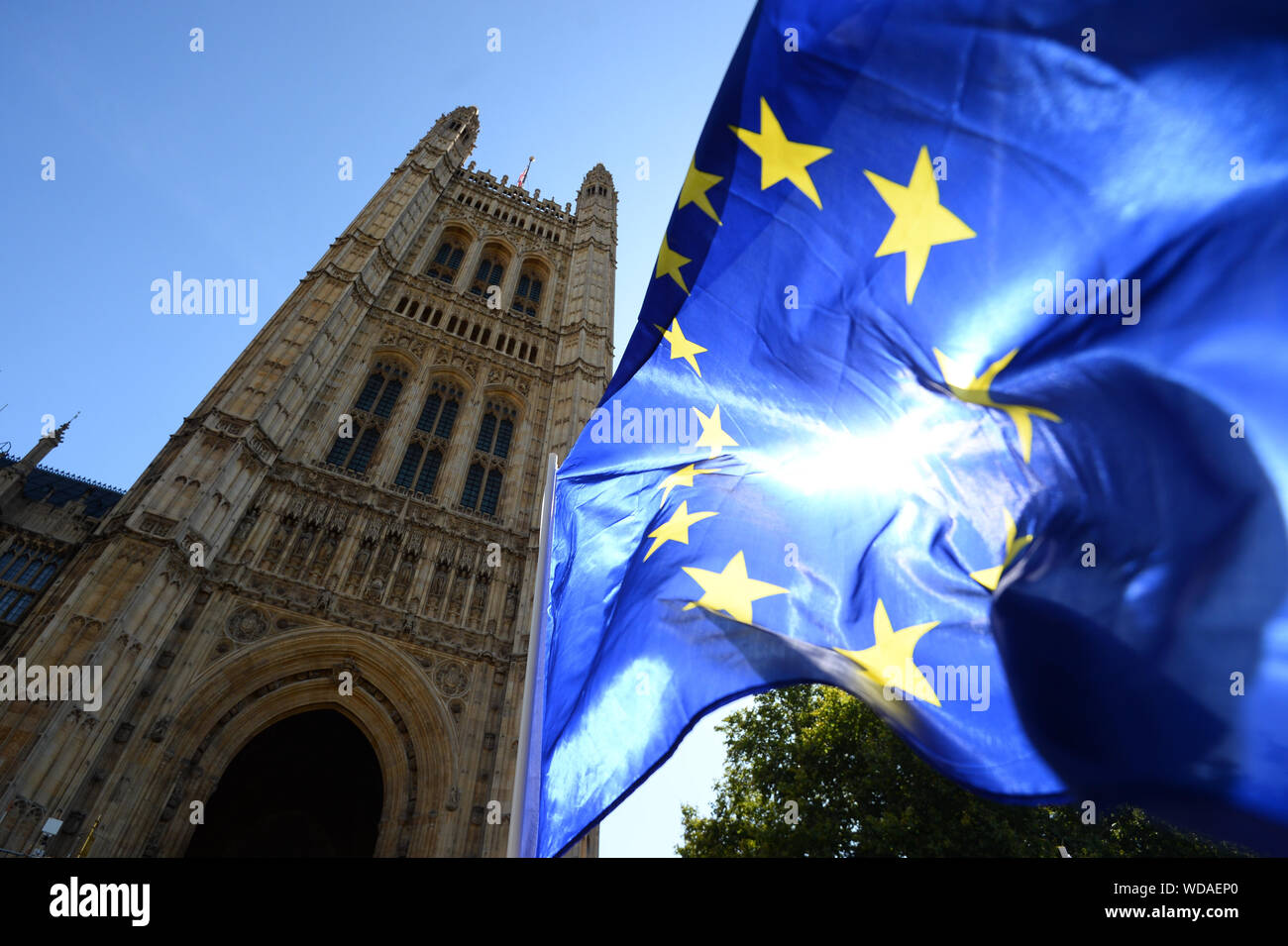 Detail of a European Union flag near the Palace of Westminster in London. Boris Johnson's administration has received a double blow as Scottish Tory leader Ruth Davidson and a Lords whip quit their posts. Stock Photo