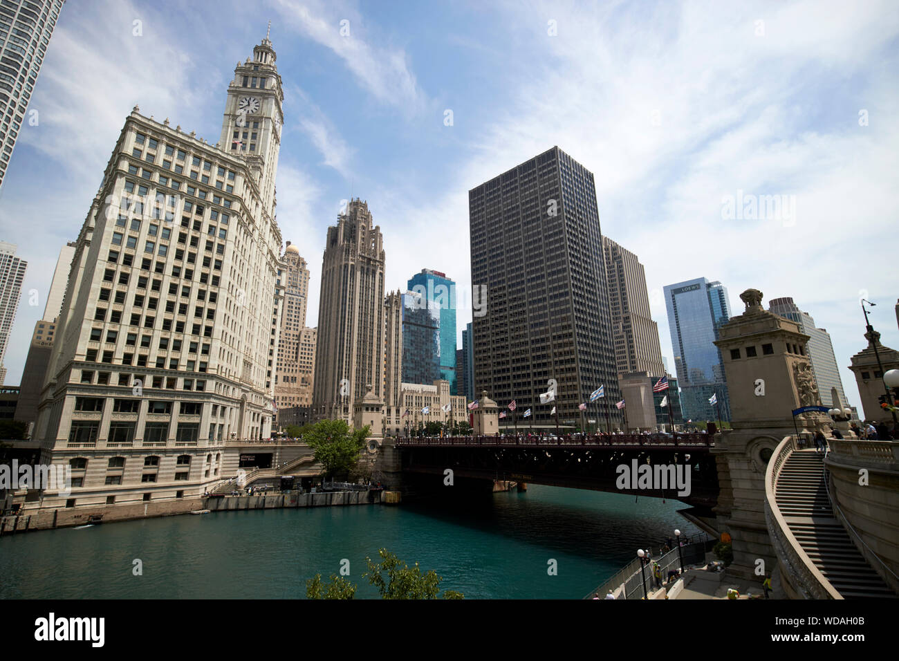 chicago river view of the wrigley building tribune tower dusable bridge and equitable building downtown chicago illinois united states of america Stock Photo