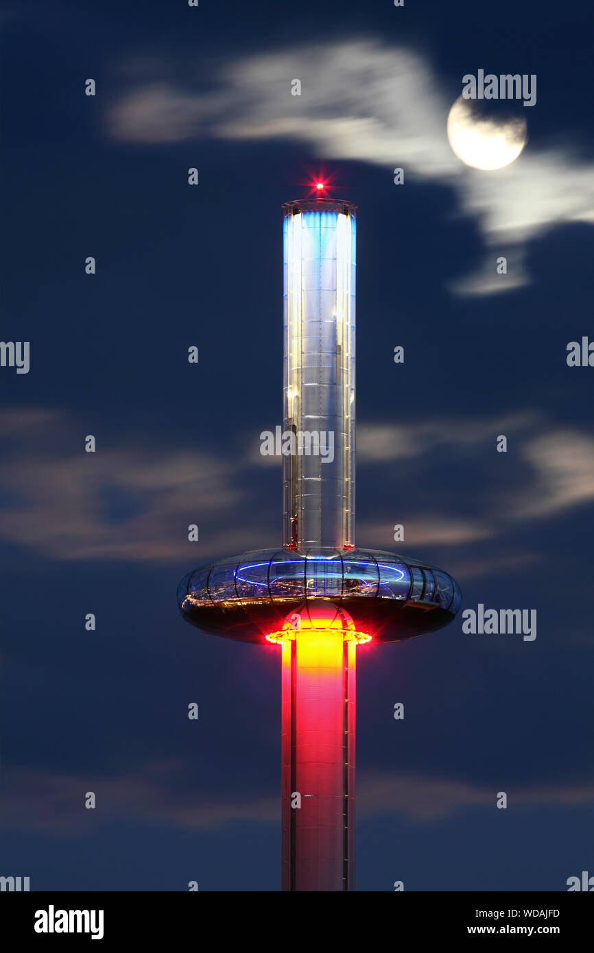 Lift off!  Brighton's i360 blasts into space - or so it appears... within a day or so of a full moon. Stock Photo