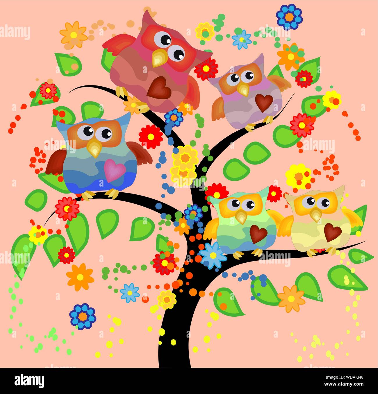 Bright cute cartoon owls sit on the flowering branches of fantastic ...