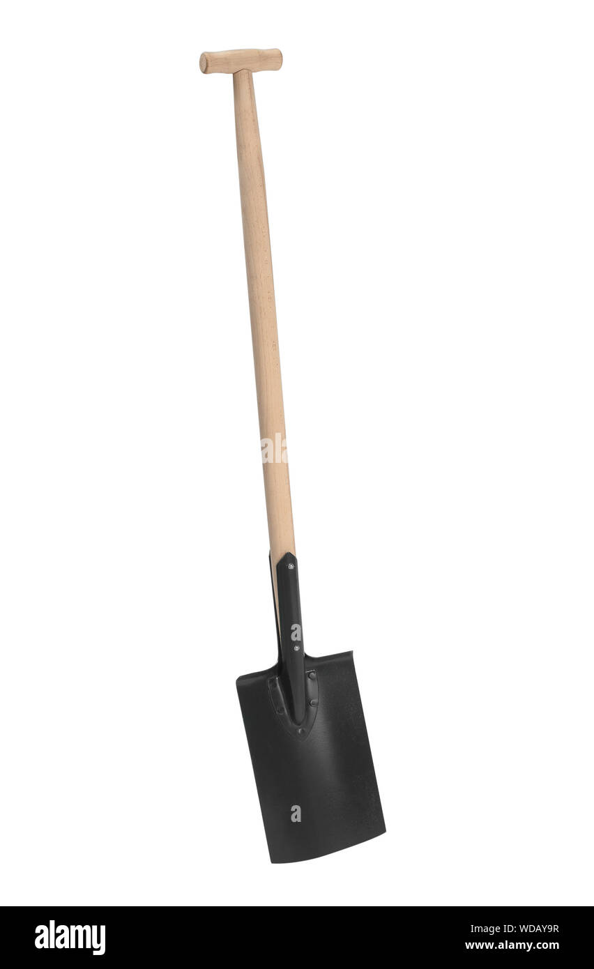 Spade shovel with wooden handle isolated on white background. Metallic shovel or spade Stock
