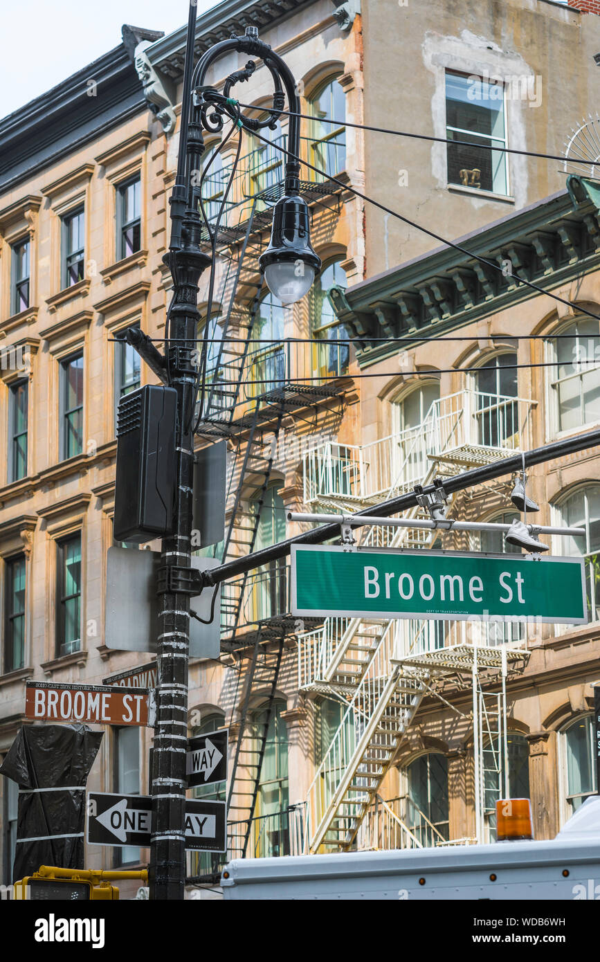 Broome Street New York, view of buildings in Broome Street typical of architecture in the Soho cast iron district, New York City, USA Stock Photo