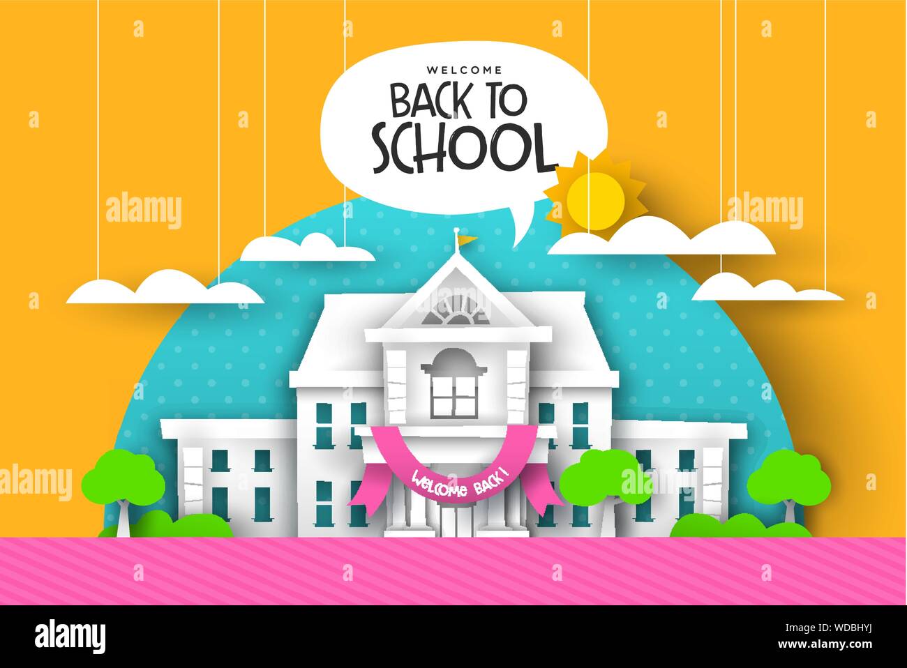 Back to school greeting card illustration of 3d papercut highschool or elementary building with paper cut trees and sky landscape. Colorful fun class Stock Vector