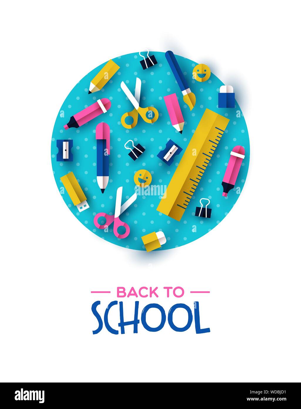 Back to school card illustration of colorful 3d papercut children supplies on color circle background. Fun kids event design, paper cut icons include Stock Vector