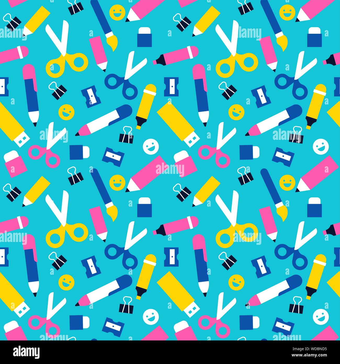 School seamless pattern illustration of colorful class supplies icons. Fun children education background in modern flat cartoon style. Stock Vector
