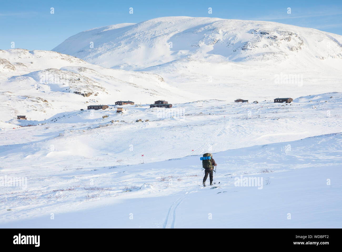 Woman skiing by mountains on Kungsleden train in Lapland, Sweden Stock Photo