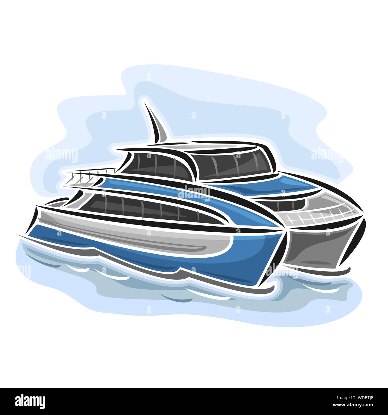 Vector illustration of logo for high-speed ferry catamaran on blue background. Stock Vector